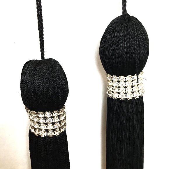 Halloween Curtain Tie Backs Black Fringe Tassels With Rhinestones Set of Two - Picture 3 of 6